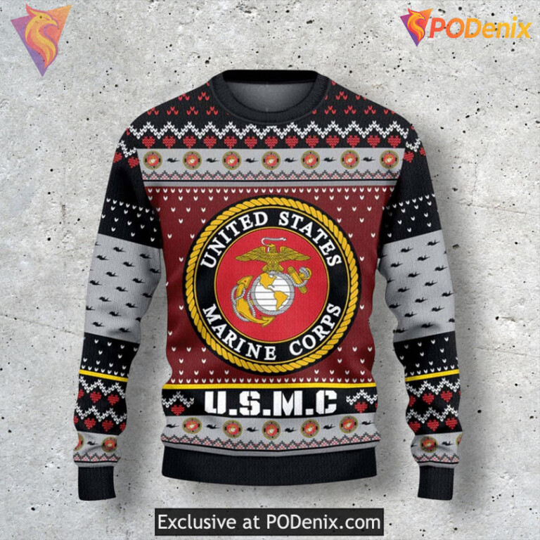 US Marine 250th Anniversary Proud Service Patriotic Holiday Christmas Sweater