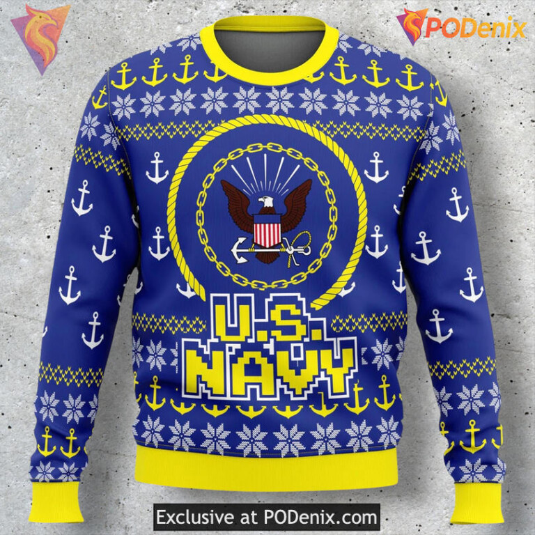US Navy Anchor Emblem Premium Blue Pattern 3D Holiday Christmas Sweater