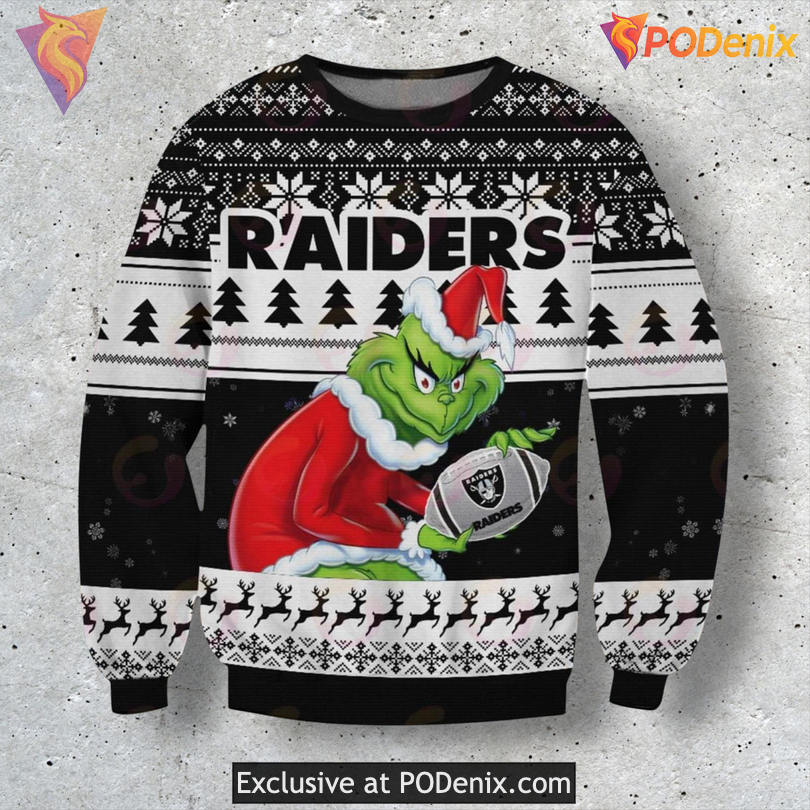 Vegas Raiders Grinch Mashup NFL Humor Festive Holiday Party Sweater