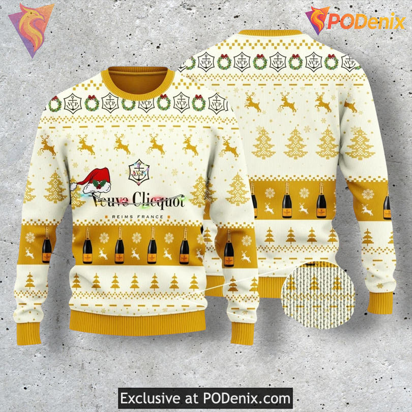 Veuve Clicquot Champagne Label Santa Hat Festive Holiday Christmas Sweater Veuve Clicquot Champagne Label Santa Hat Festive Holiday Christmas Sweater