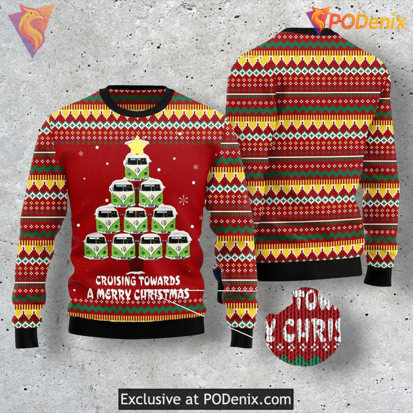 VW Bus Christmas Tree Vintage Hippie Van Scene Holiday Sweater
