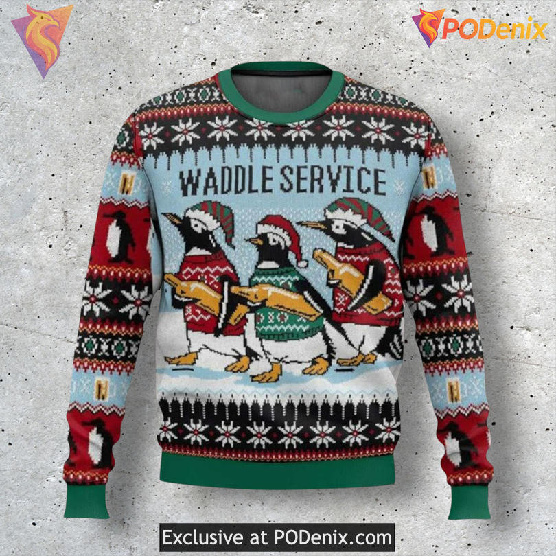 Waddle Service Penguin Comedy Line Festive Holiday Party Sweater