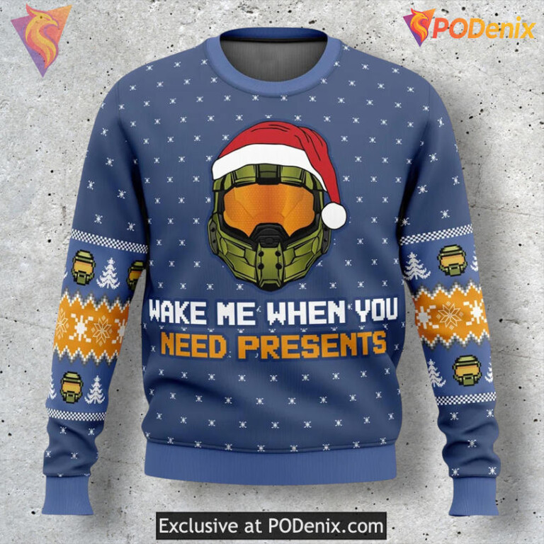Wake Me When Presents Arrive Halo Game Quote Festive Holiday Sweater