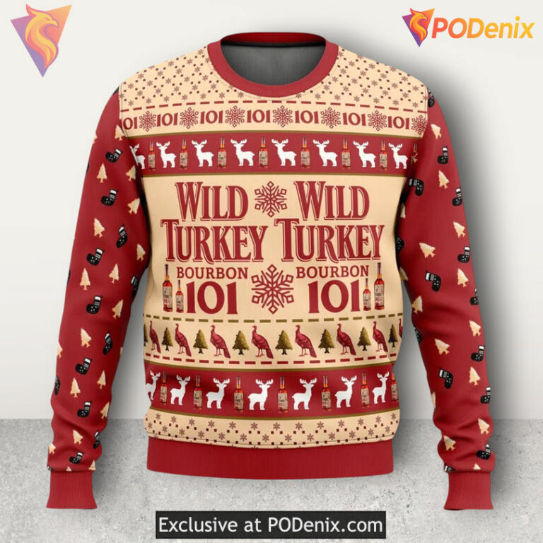 Wild Turkey Bourbon Label Whiskey Logo Festive Classic Holiday Christmas Sweater