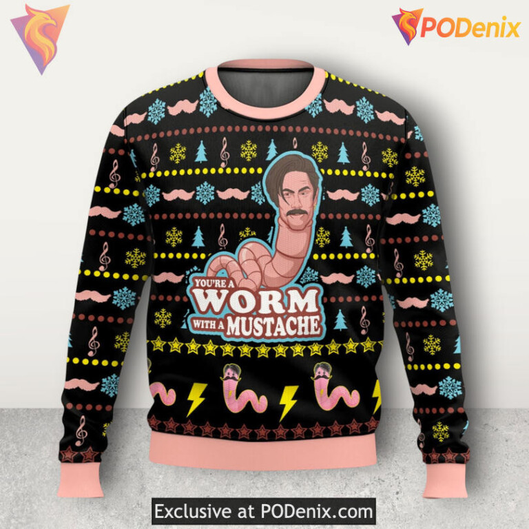 Worm With A Mustache Meme Joke Odd Humor Festive Holiday Ugly Christmas Sweater