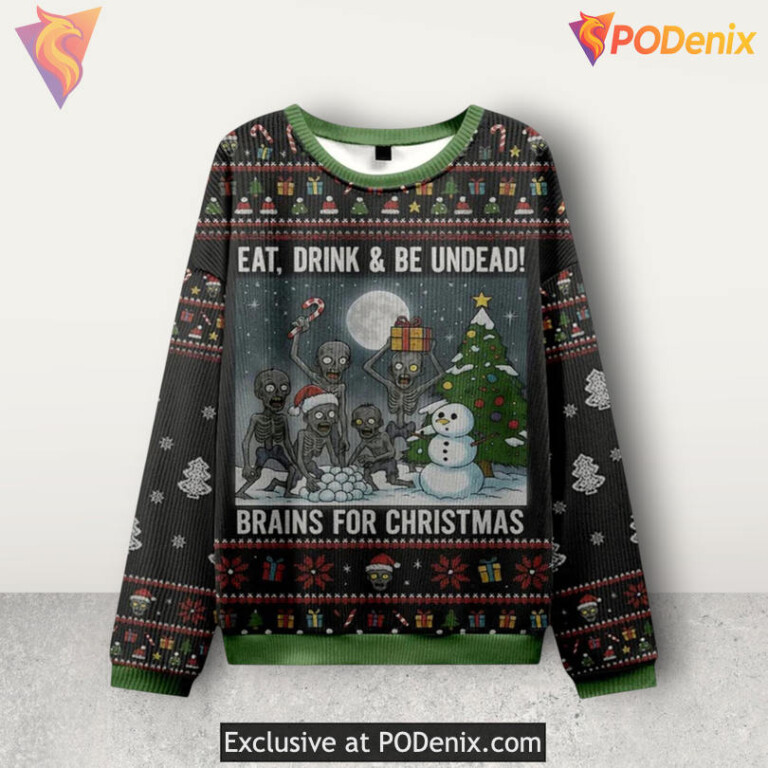 Zombie Eat Drink Undead Brains Horror Theme Funny Festive Holiday Christmas Sweater