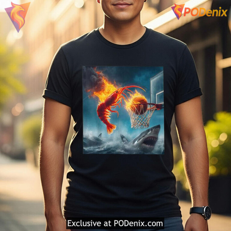 Absurd Nature Clash Meme Tee With Cartoon Energy Shrimp Dunking On Shark Shirt