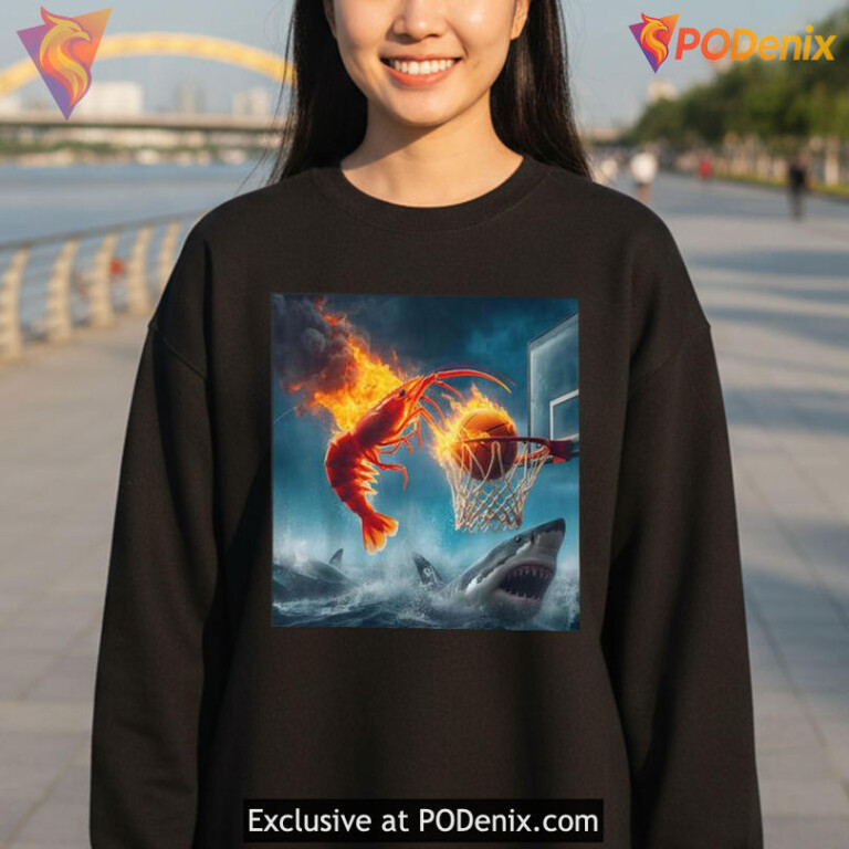 Absurd Nature Clash Meme Tee With Cartoon Energy Shrimp Dunking On Shark Shirt - 1