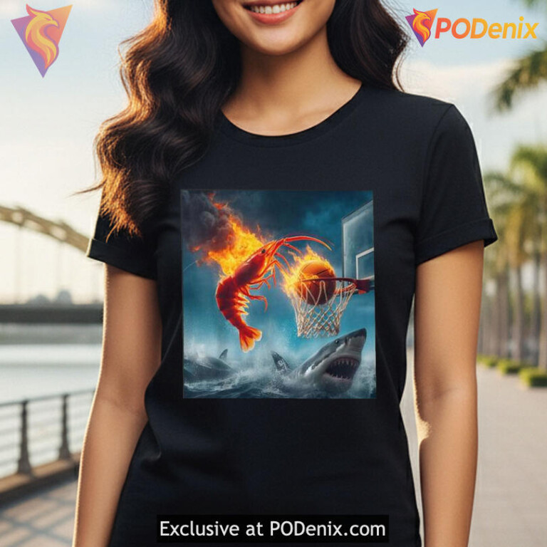 Absurd Nature Clash Meme Tee With Cartoon Energy Shrimp Dunking On Shark Shirt - 2