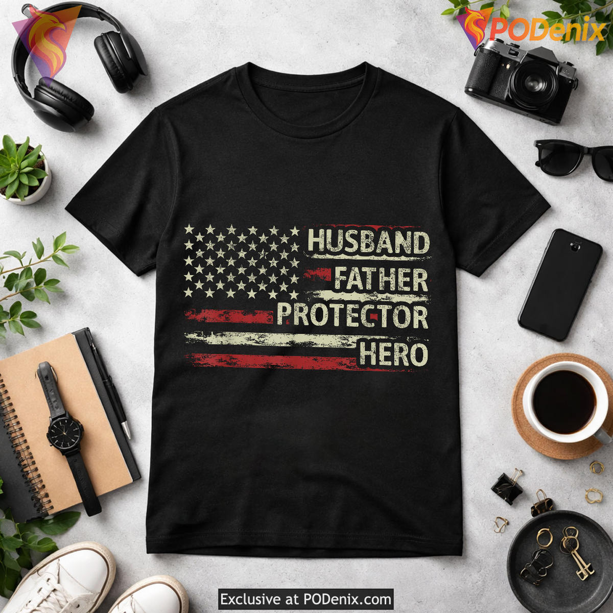 Husband Father Protector Hero Fathers Day T Shirts American Flag Dad