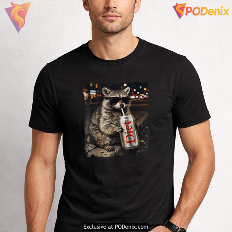 Funny Raccoon Drinking Diet Soda Shirt 2026 Animal Meme Humor Graphic Apparel