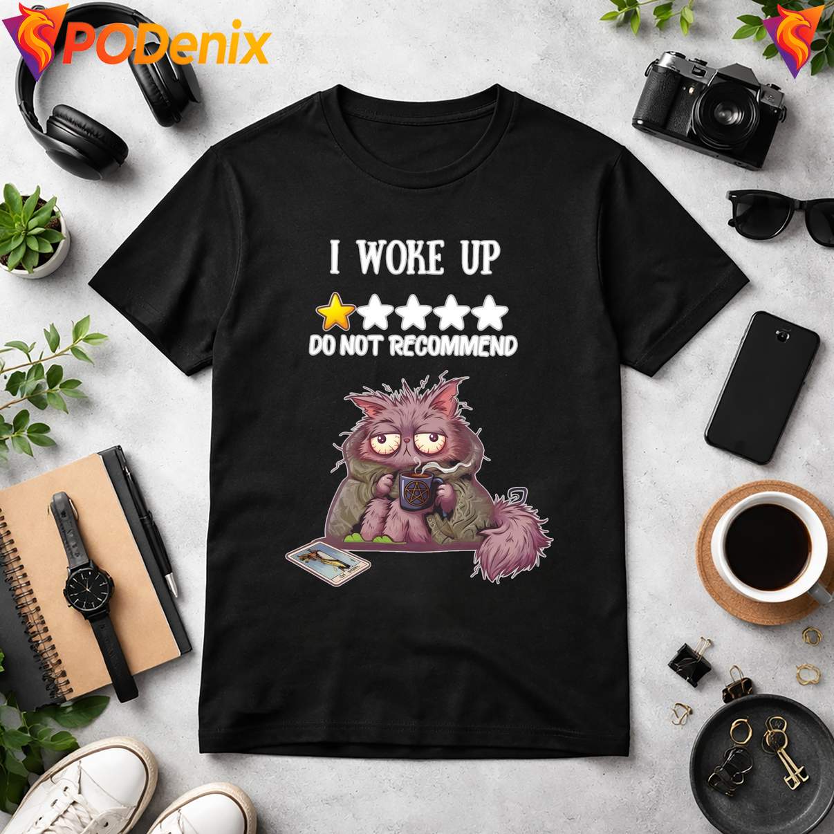 Cat I Woke Up One Star Reviews Shirt Do Not Recommend Funny Meme Humor Mens