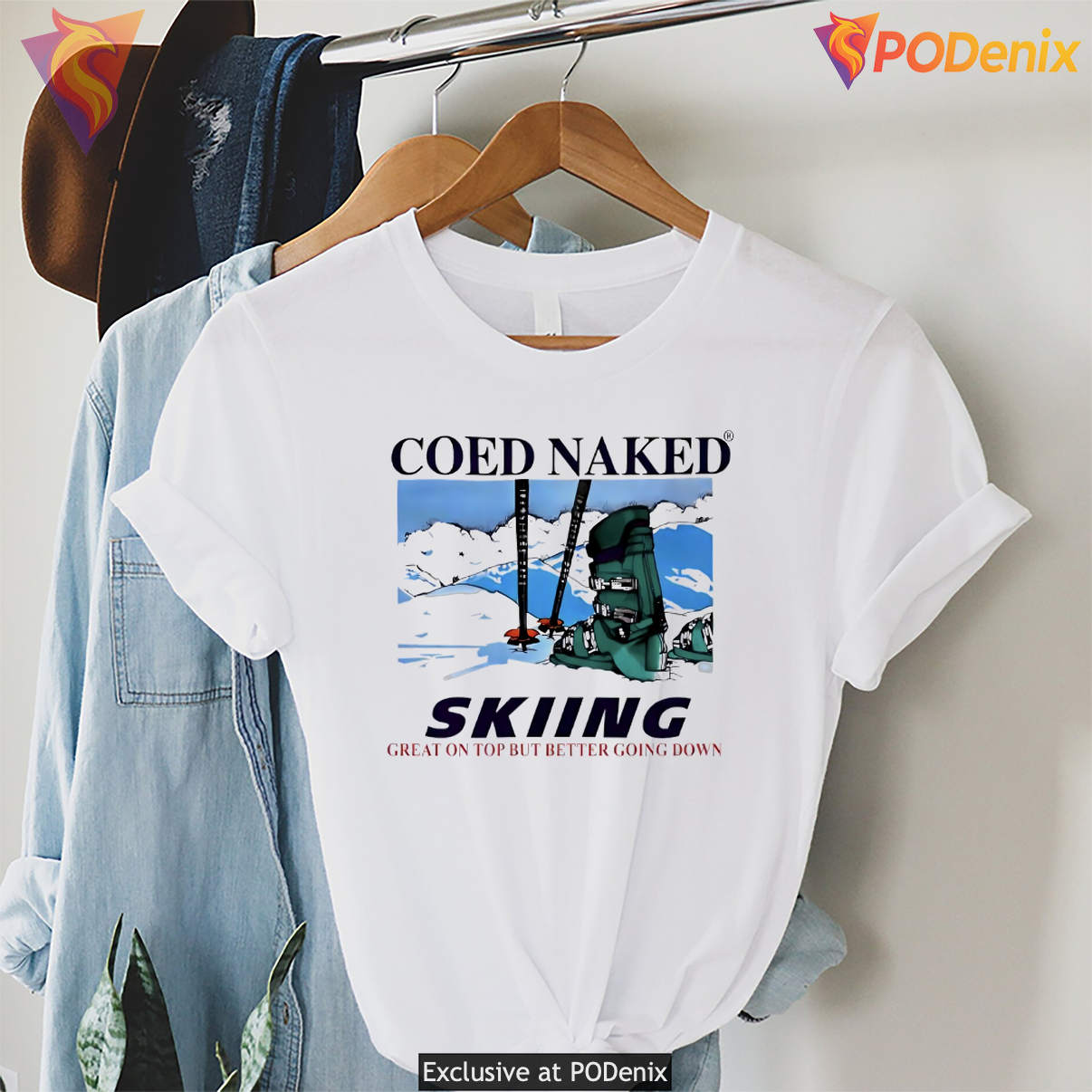 Coed Naked Skiing Great On Top Shirt Better Going Down Funny Graphic For Mens