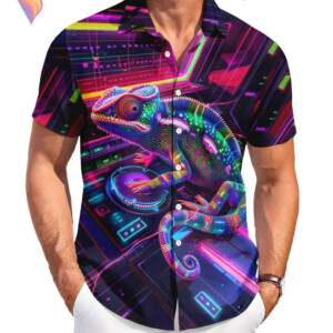 Cyber Chameleon Tropical Hawaiian Shirt 2026 Funny Casual Beach Vacation Gear
