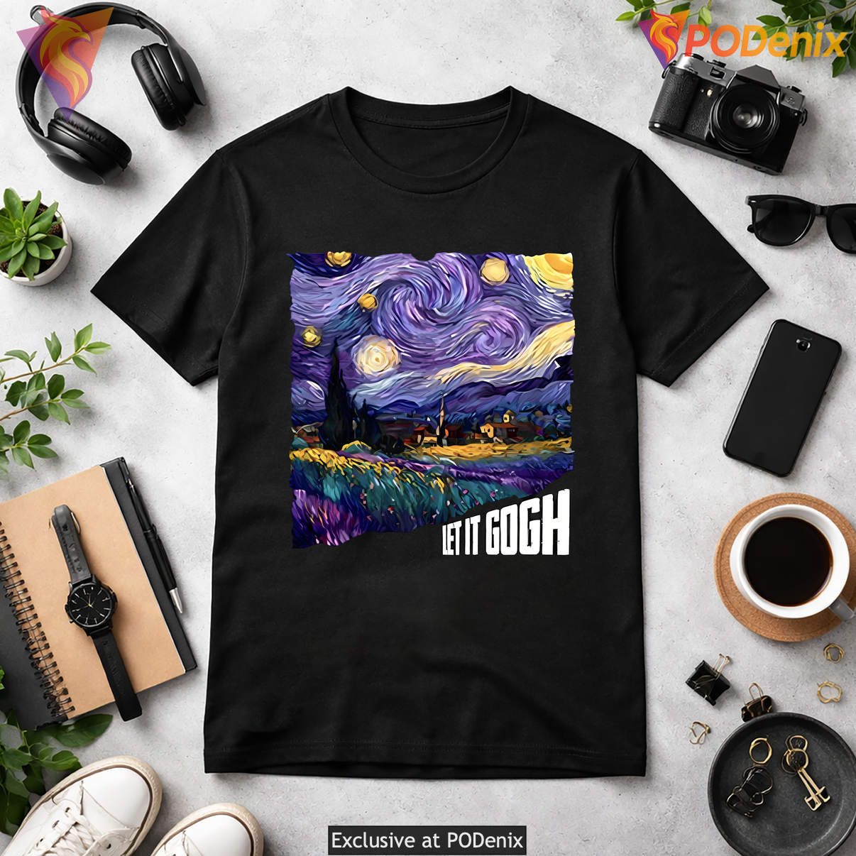 Let It Gogh Starry Night Funny Shirt Art Lover Humor Graphic Casual Womens