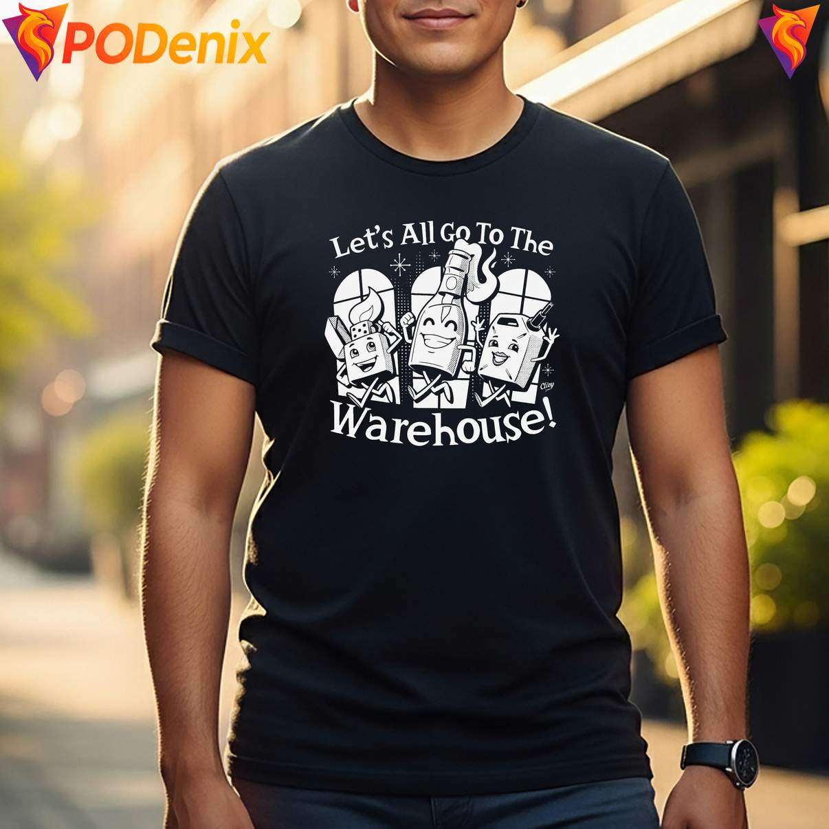 Lets All Go To The Warehouse Shirt Vintage Cartoon Funny Meme Graphic Mens