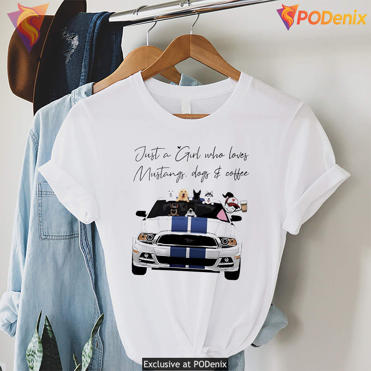 Loves Ford Mustangs Dog Coffee Shirt Just A Girl Funny Graphic Casual Womens