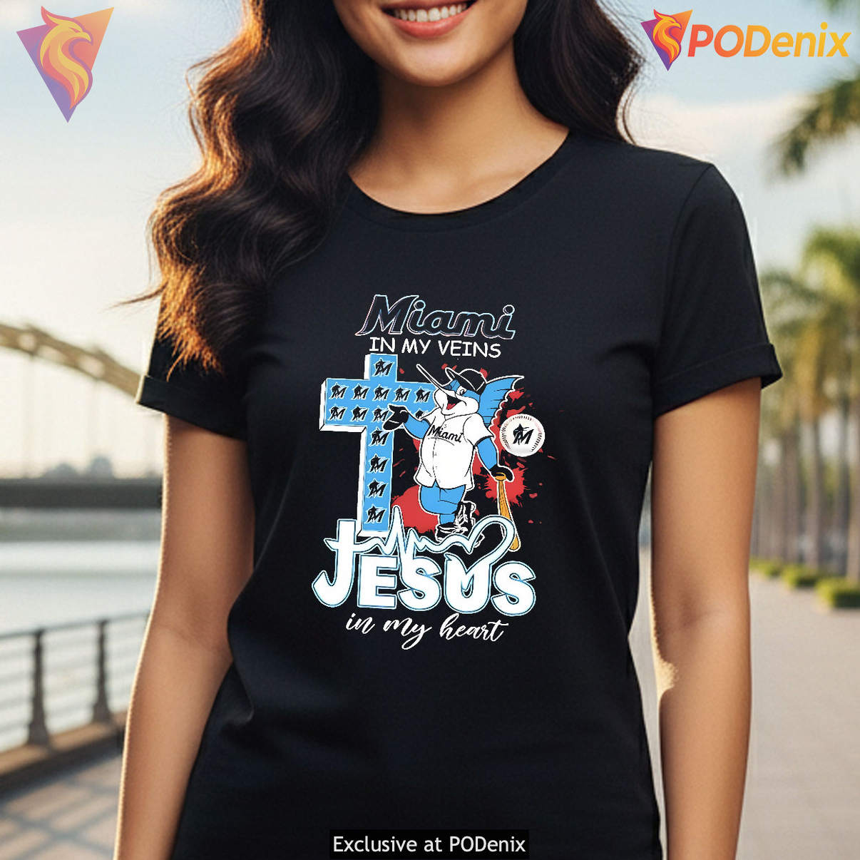 Miami Marlins In My Veins Shirt 2026 Jesus In My Heart Mascot Graphic Mens