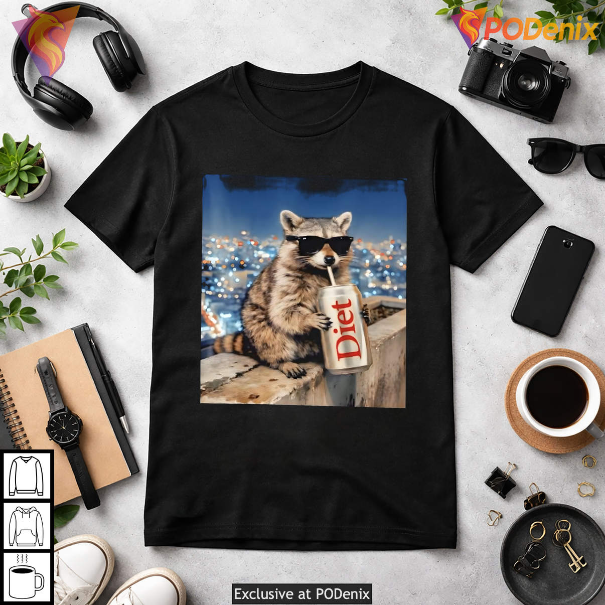 Raccoon Drinking Diet Soda Funny Animal Meme Graphic Humor Casual Mens Shirt
