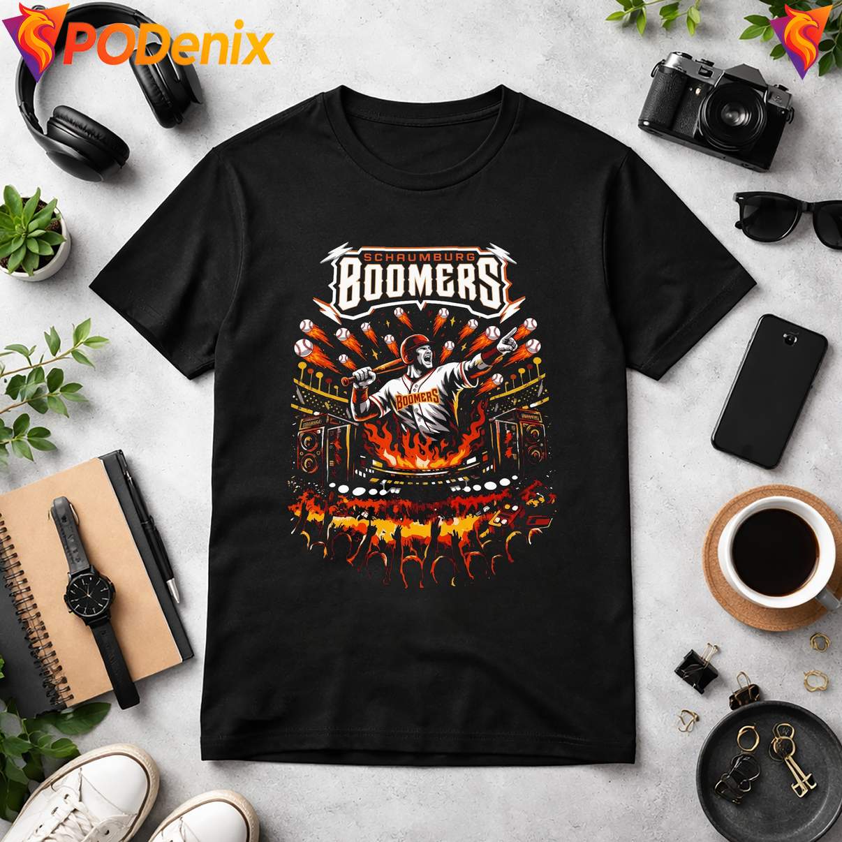 Schaumburg Boomers Flaming Shirt Baseball Batter Mascot Sports Graphic Men