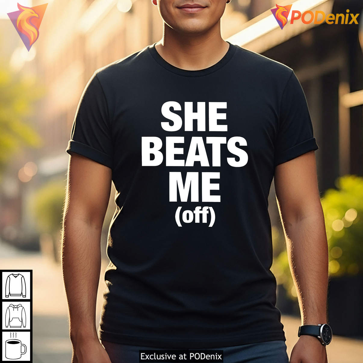 She Beats Me Off Funny Meme Graphic Humor Casual Novelty Fan Shirt Apparel