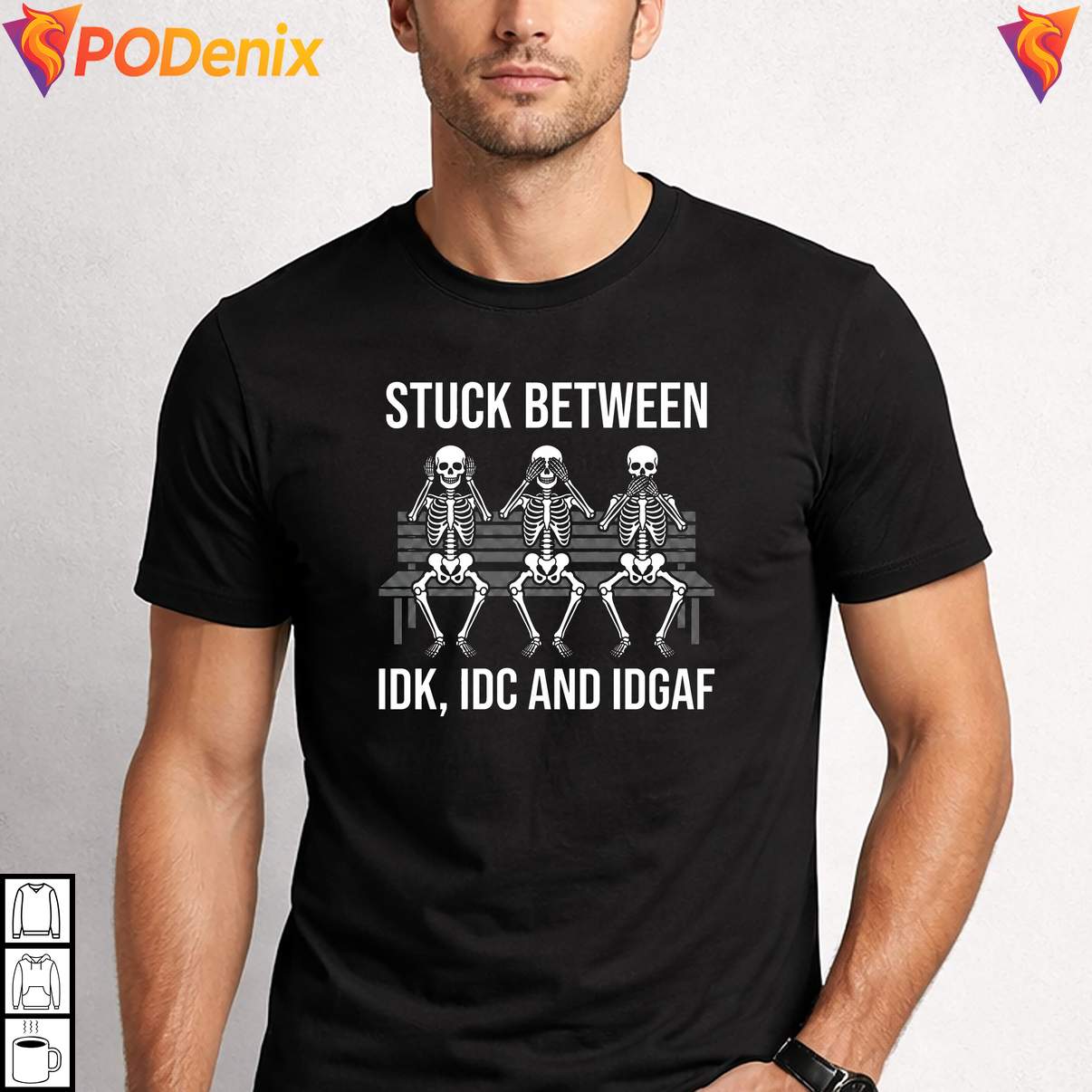 Stuck Between Idk Idc Idgaf Shirt Funny Sarcastic Skull Meme Graphic For Men