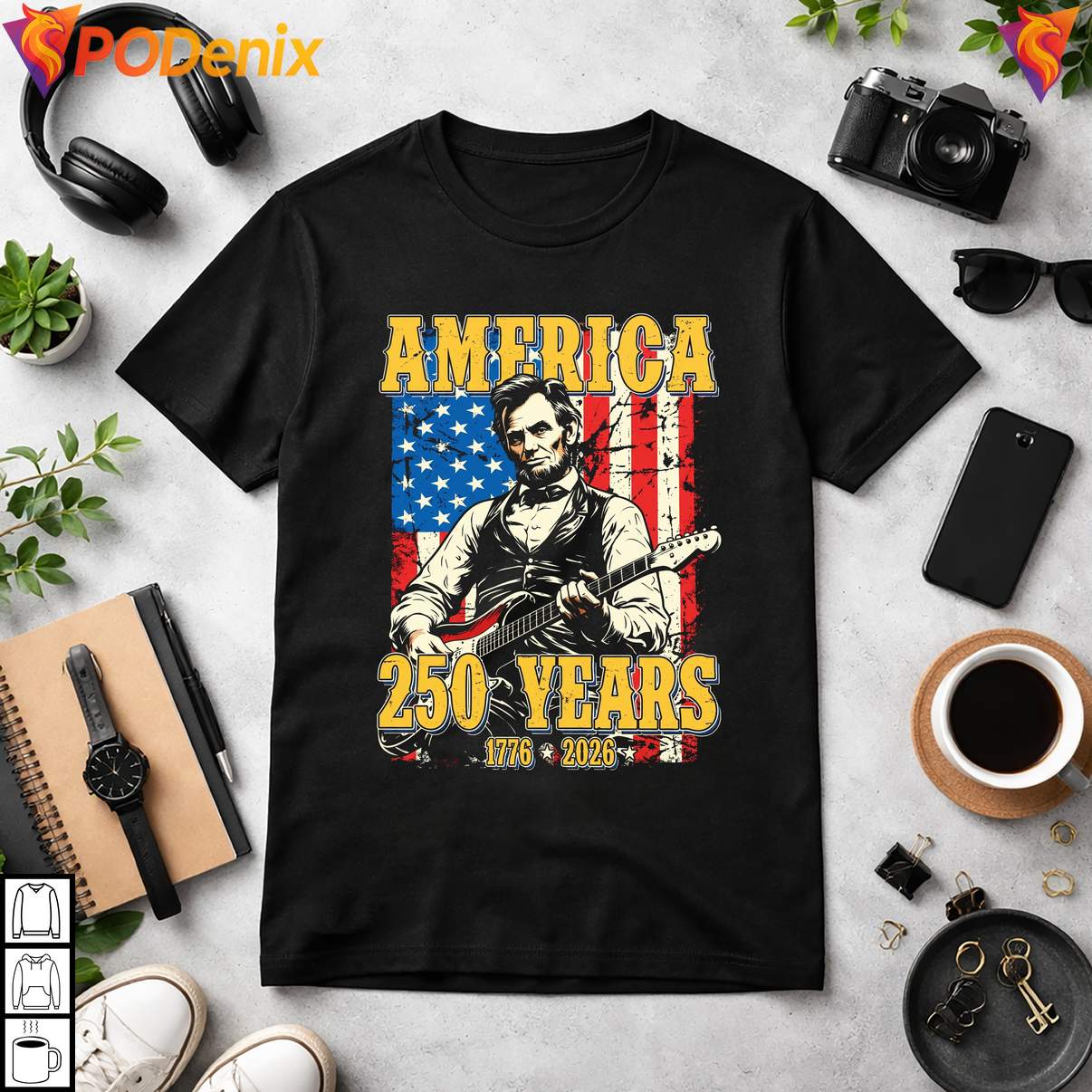 US Flag Abe Lincoln 2026 Shirt America 250 Years Rocking Out Guitar Graphic